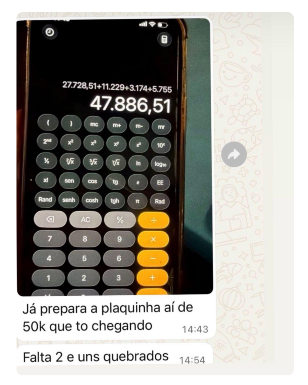 Print de WhatsApp de aluno chegando a 50K de faturamento