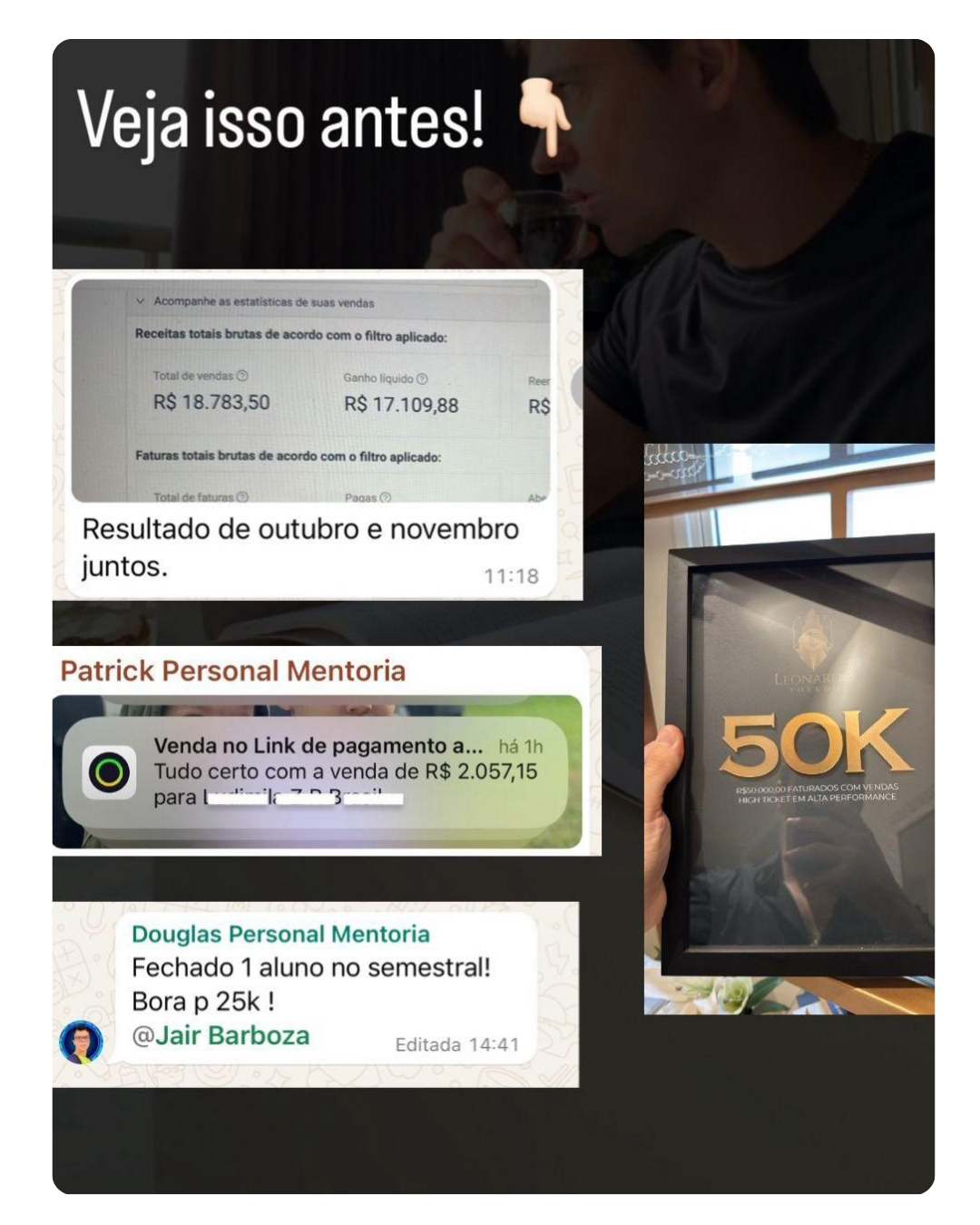 Prints de vendas de alunos e placa de 50K faturados na Mentoria PMVP - Método Personal Livre