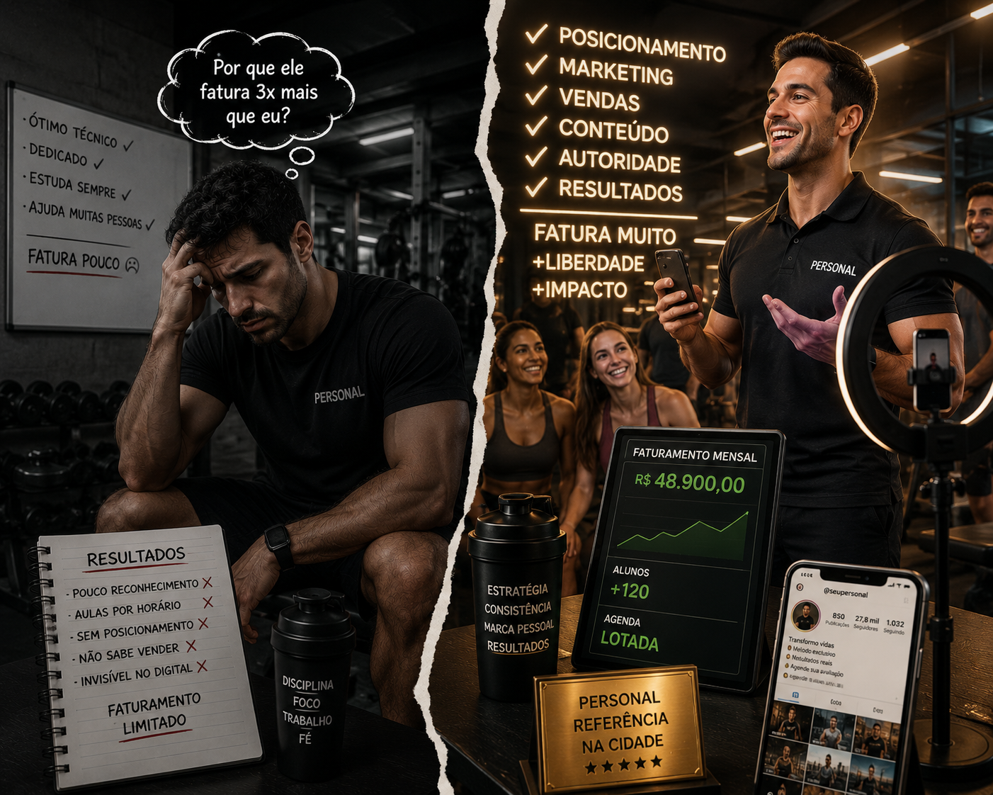 Comparação entre um Personal frustrado que fatura pouco e outro menos qualificado que fatura muito com posicionamento e marketing