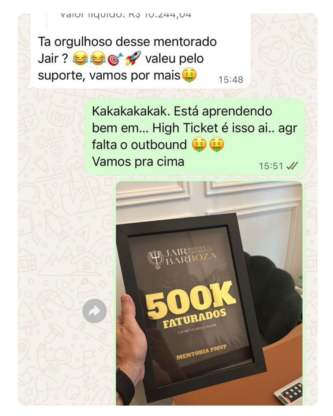Print de WhatsApp de aluno comemorando 500K faturados