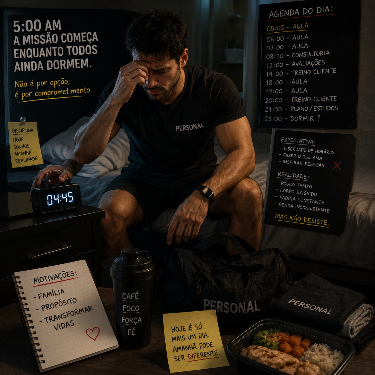 Personal Trainer acordando às 4h45 exausto pela rotina puxada e renda inconsistente